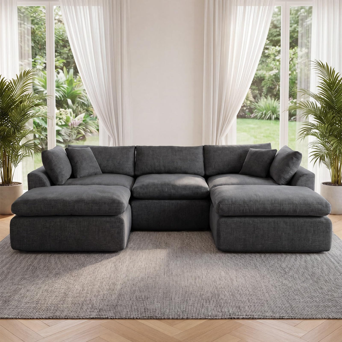 111" Boneless Sectional Couches for Living Room, 5 Seater Deep Seated U Shaped Cloud Couch with Ottomans, Chenille Compressed Modular Cloud Sofa Couch in a Box, No Assembly Required, Grey