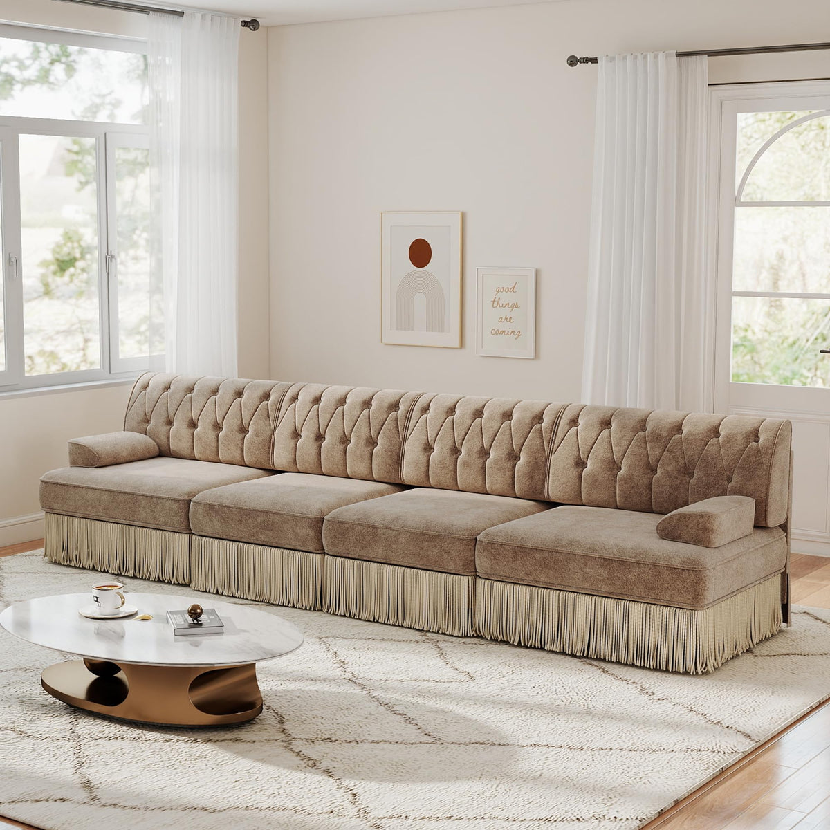 Unique Chesterfield Style Modular Sectional Sofa, 135.6” L-shaped Boneless Sofa with Velvet Fabric, Floor-grazing Tassel Fringe Skirt and Button Tufted Design for Living Room, Easy to Assemble, Beige