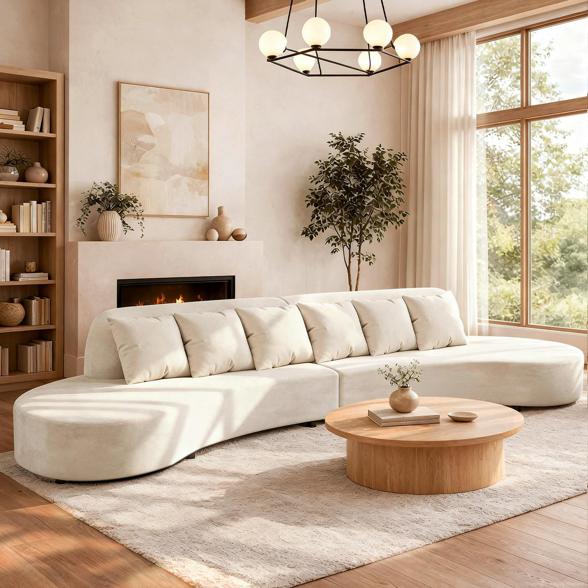 134" Curved Modular Sectional Sofa, Half-Moon Armless Velvet Couch with 6 Pillows, Solid Wood Frame, High-Density Foam, Connector Plates Included, for Living Room/Reception, Off-White