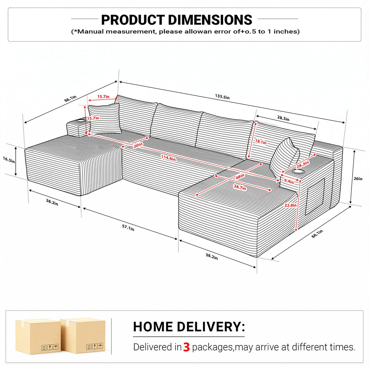 134" Modular Sectional Sofa Couch, Oversized U Shaped Boneless Couches with Side Pockets & Cup Holders, 4-Seater Modern Deep Seat Corduroy Sofa for Living Room, No Assembly, Black