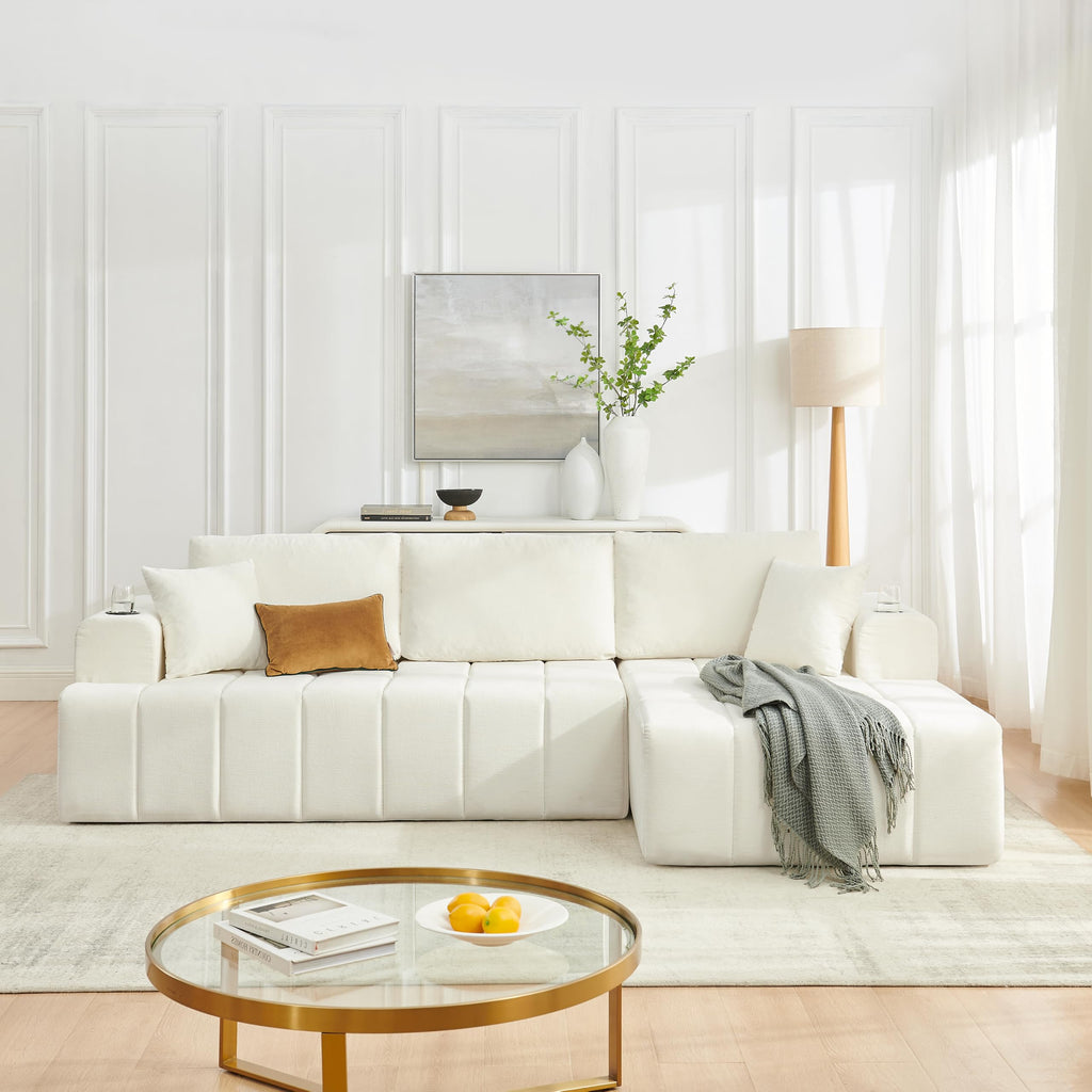 108" Oversized Cloud Boneless Sofa Couch with Chaise, Modern Tufted Chenille L Shaped Modular Sectional Sofa with Deep Seat, Comfy Corner Couch with Cupholders and Storage, No Assembly Required