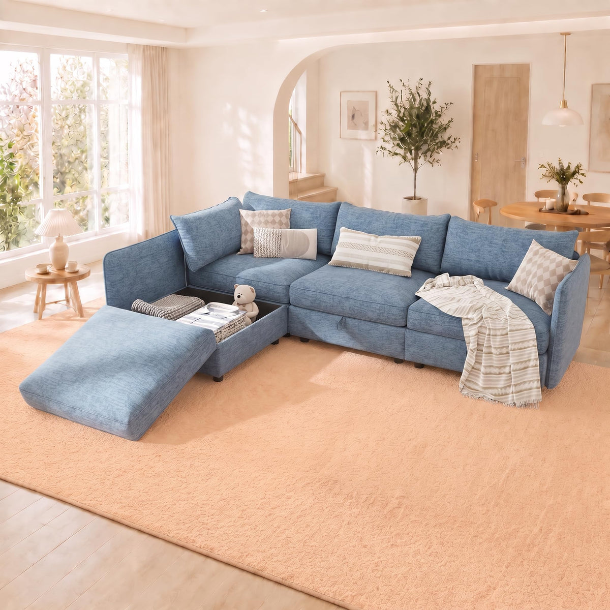 127'' Modular Sectional Sofa,FSC Certified 6 Seater Sectional Sofa,Chenille Couch with Removable Washable Covers,Modern Couch with Ottoman,U Shaped Couch with Storage,Beige Couches for Living Room