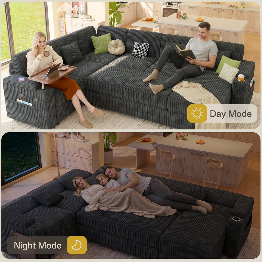100" Modular Sectional Sleeper Sofa with Pull Out Bed, 7 Seat Corduroy U Shaped Couch with Storage Chaise|6-Position Backrest|Side Table|USB Port, Dark Grey Sectional Couches for Living Room