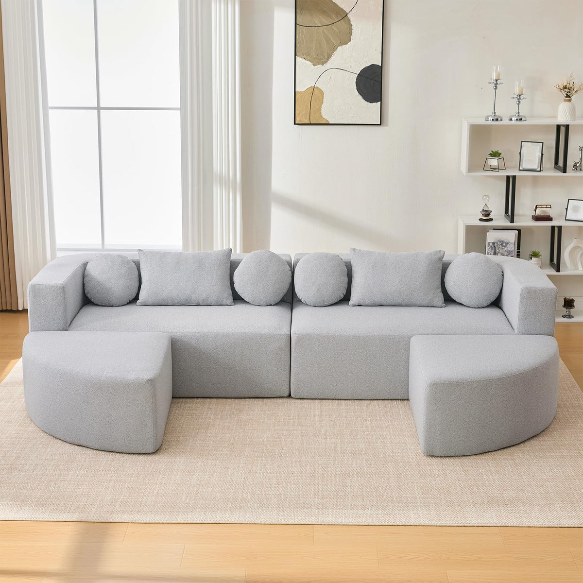 114.9" Modular Sectional Sofa with 4 Round Throw Pillows and 2 Bolster-Style Cushions Free-Combined Curved Design Boneless Bed Couch with Deep Seating for Living Room, Black