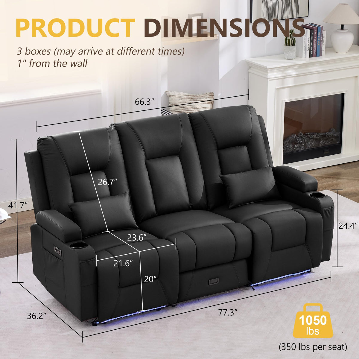 URRED Power Loveseat Recliner Sofa with Console, Wall Hugger Reclining Loveseat RV Couch with LED Light, 150° Zero Gravity Recliners Modular Couches for Living Room (Black, 77.3'' - 3 Seats)