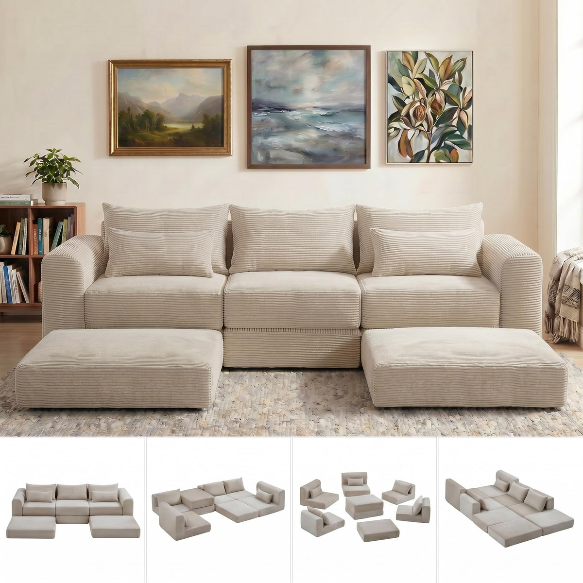 100" Sectional Boneless Couches Set for Living Room, Movable L Shaped Upholstered Modular Couch with 5 Pillows, DIY Combination Cloud Sofa for Apartment & Bedroom, Camel