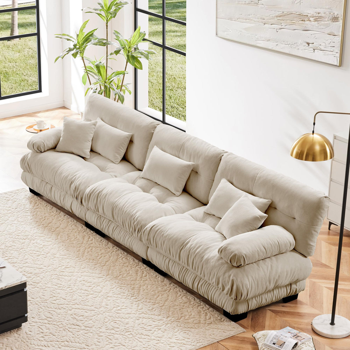 134" Oversized 3 Seater L Shaped Modular Sectional Sofa, Large Sectional Couches for Living Room, Chenille Cloud Couch with Pillows, Living Room Deep Seat Sofas with 3 Seats & 1 Ottoman, Pink