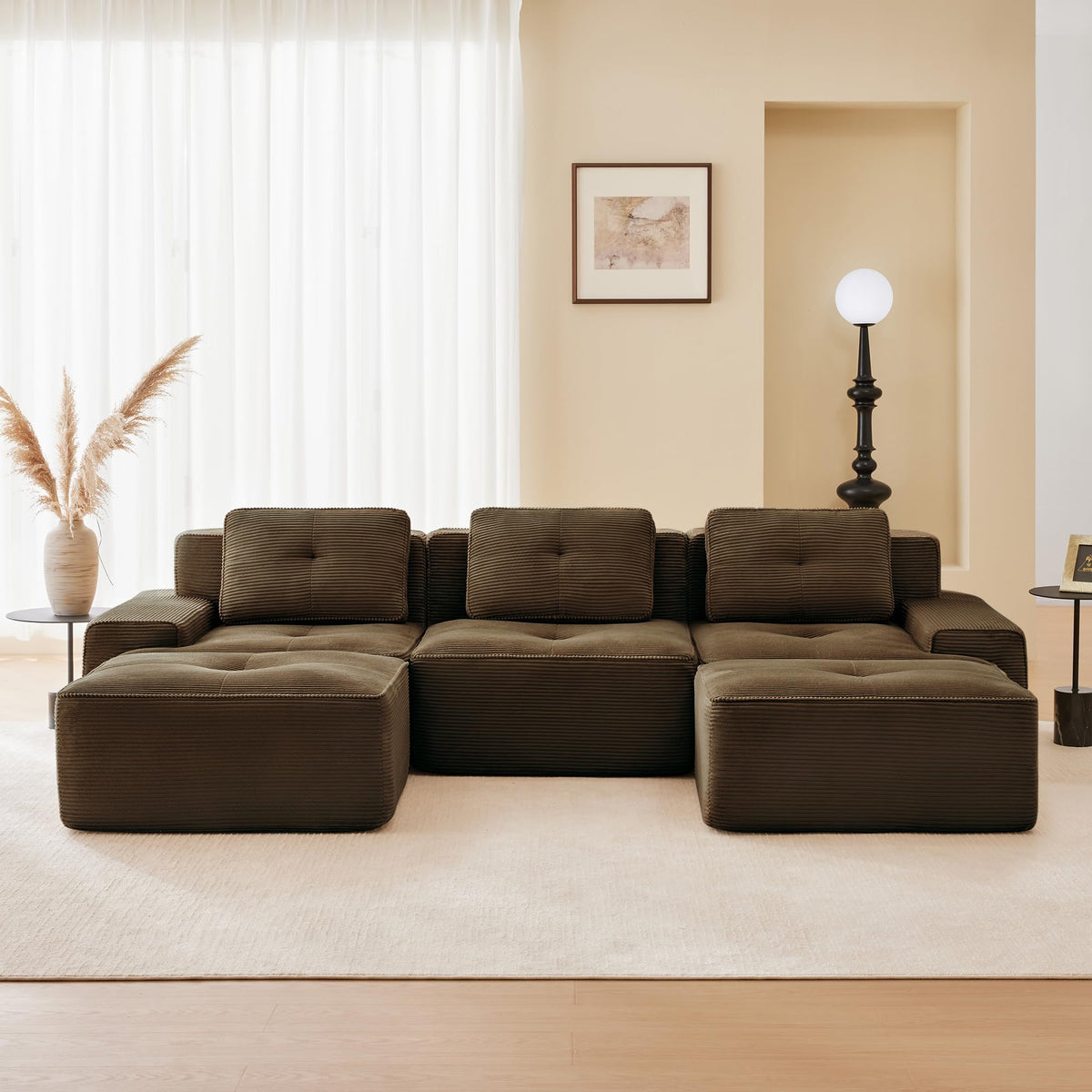 115.3” Camel Boneless Couches for Living Room, Modular Sectional Sofa with L-Shape Chaise, 3 Seater Comfy Upholstered Deep Seat Corduroy Fabric Cloud Couch No Assembly, Anti-Slip Design