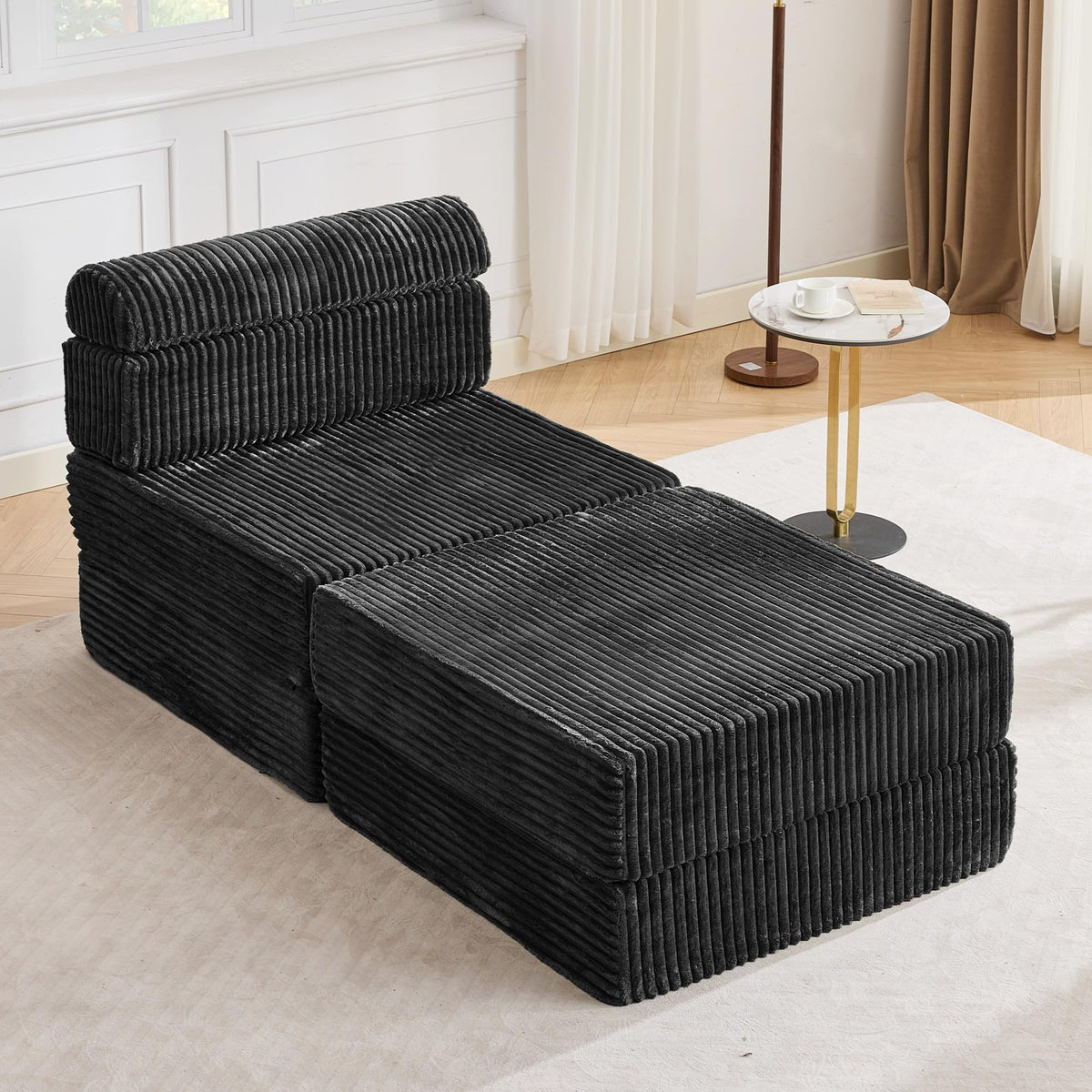 Tbfit 142” Modular L Shaped Sectional Boneless Couch, Convertible Futon Sofa Bed, Corduroy Cloud Mattress Sleeper Sofa, Comfy Folding Upholstered Floor Couches for Living Room, Bedroom, Beige