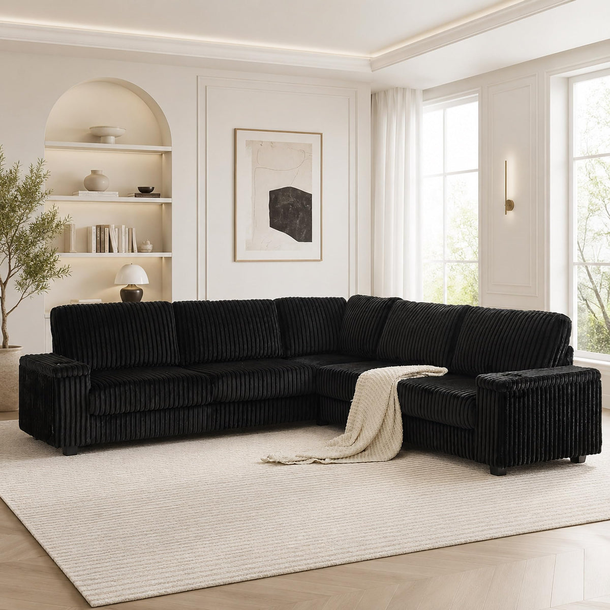 106'' Oversized Sectional Sofa Couch, Plush Corduroy V-Shaped Corner Couch with USB Charger, Armrest Storage and Cup Holders, Deep Seat Sectional Couches for Living Room, Grey