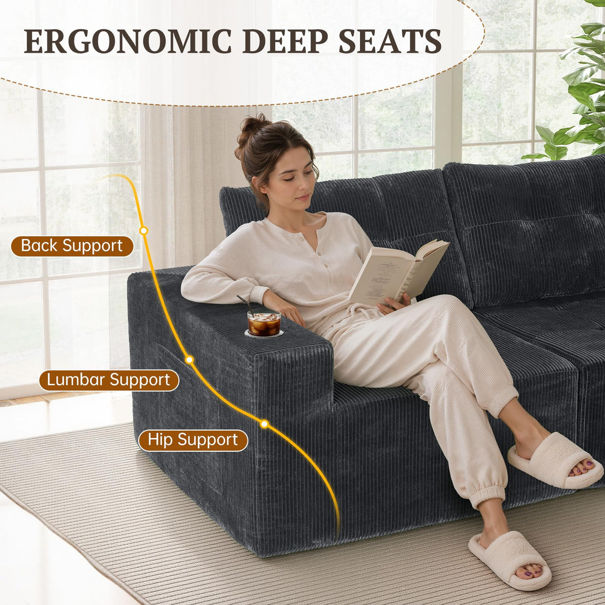 113" Boneless Modular Sectional Sofa, L-Shape Couch, 4-Seat Gray Corduroy
