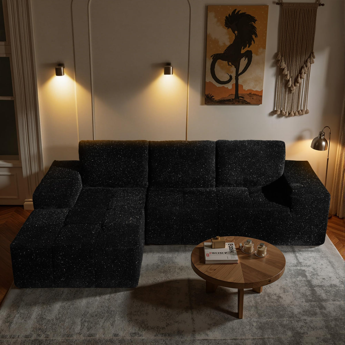 104" L-Shape Modular Sectional Sofa Couch,Comfy Upholstered Cloud Couch for Living Room,Modern Minimalist Couches,Deep Seat,No Assembly Required (Black,Plush Corduroy, Right Facing Chaise w/Ottoman)