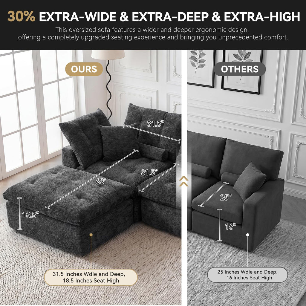 110" Oversized Cloud Sectional Boneless Couch, Modular Chenille L-Shaped Compressed Sofa with Ottoman & 3-in-1 Multi-Purpose Pillow, 3 Seater Memory Foam Couches for Living Room, Gray