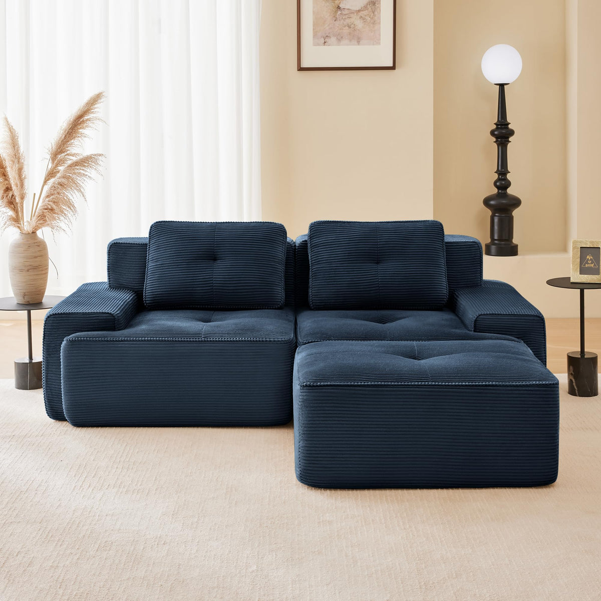 115.3” Camel Boneless Couches for Living Room, Modular Sectional Sofa with L-Shape Chaise, 3 Seater Comfy Upholstered Deep Seat Corduroy Fabric Cloud Couch No Assembly, Anti-Slip Design