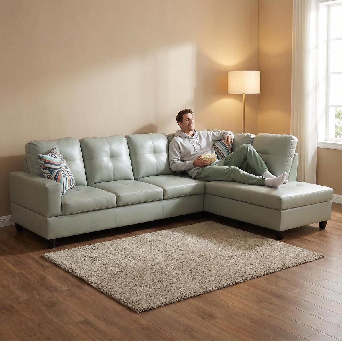 103.5" Sectional Couch with Movable Ottoman, L Shaped 4 Seater PU Faux Leather Sofa w/Chaise Lounge, Comfy Modern Modular Couch for Living Room, Apartment, White Stripes, Right, 3PCS