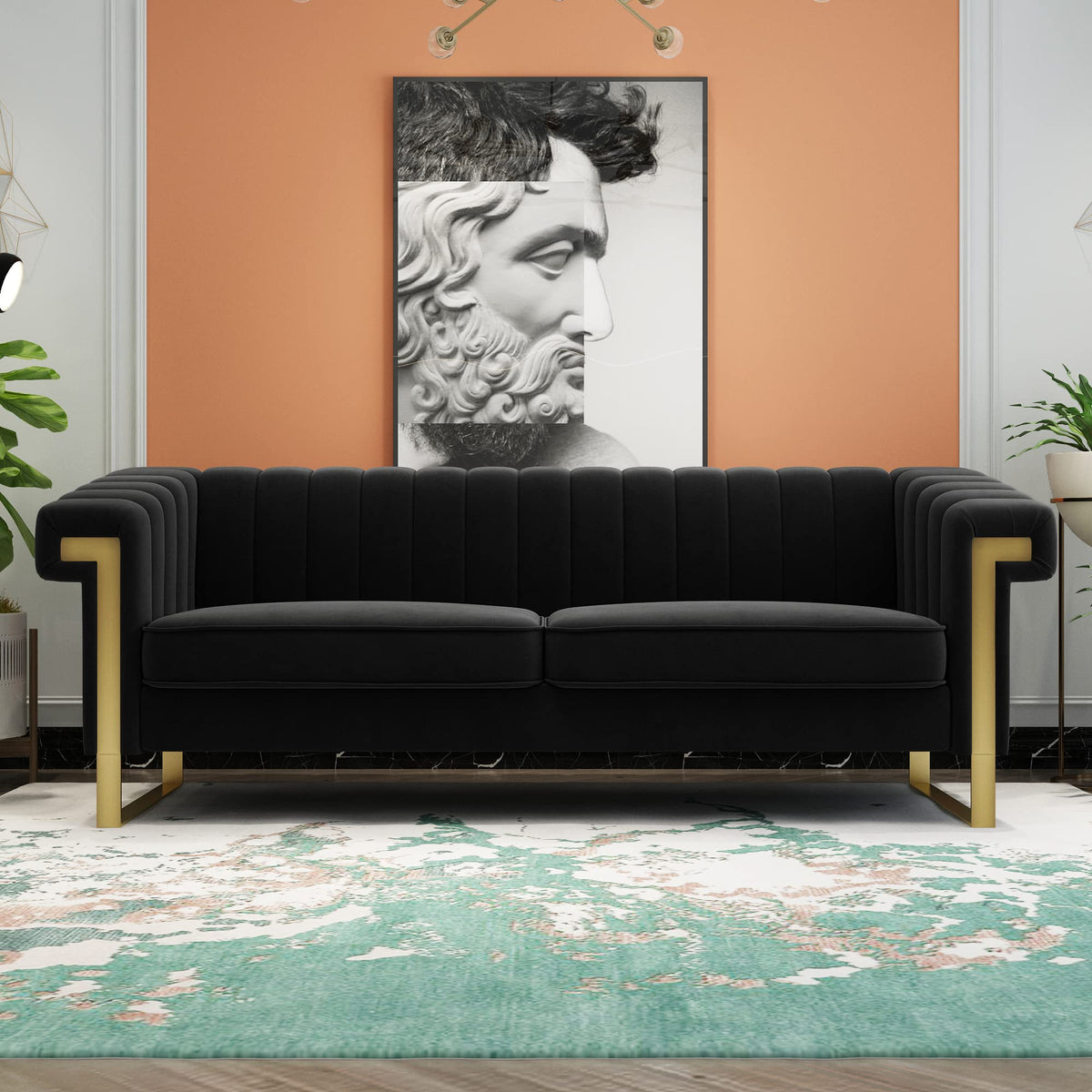 Tomkate 84" Chesterfield Sofa, Modern Velvet 3-Seater Couch with Gold Metal Legs & Removable Cushions, Upholstered Comfy Sofa with Stainless Steel Base for Living Room, Bedroom, Office (Green)