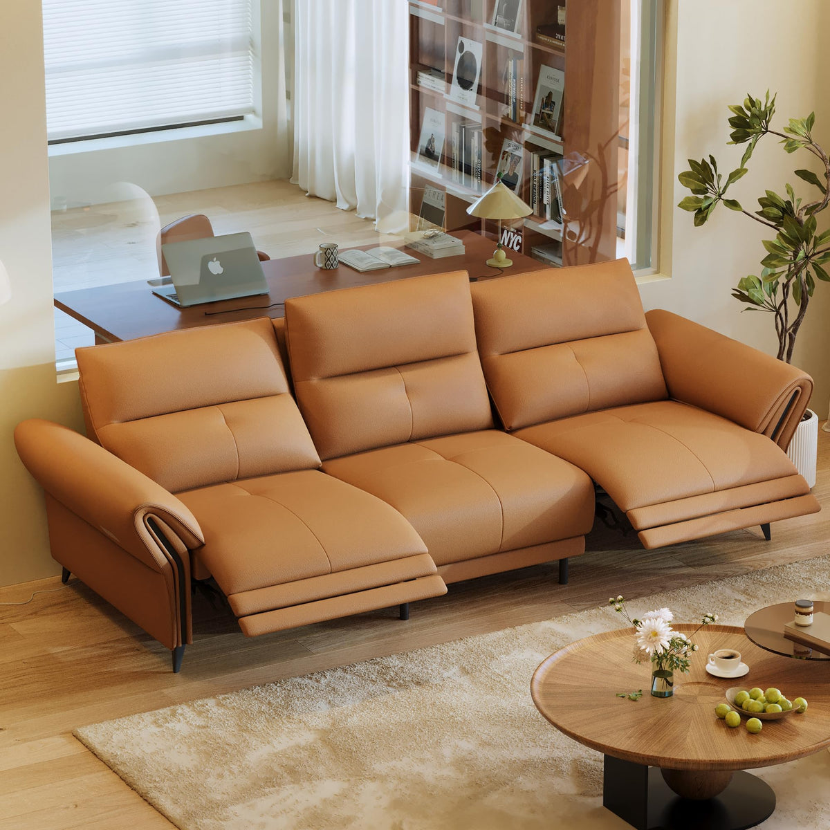112.5" Leather Electric Reclining Sofa, 3 Seater