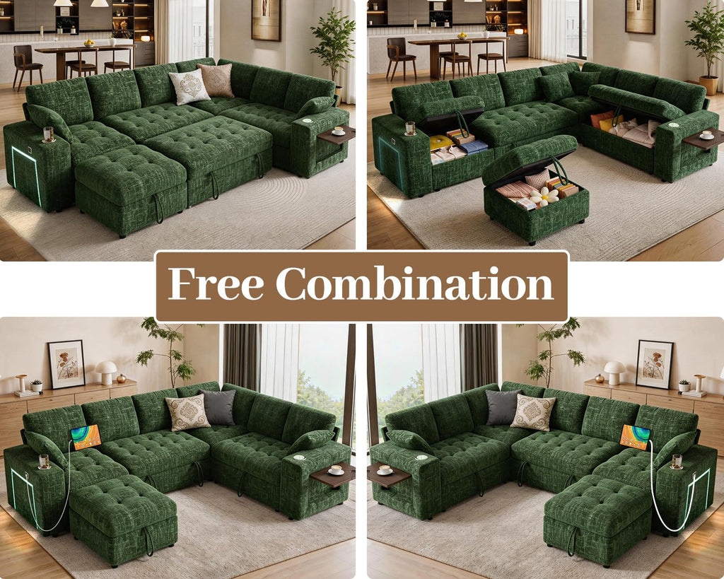 Vipbear 111" Sofa Bed, 7 Seat Modular Sectional Sleeper Sofa with Pull Out Bed, Chenille L Shaped Couch with Storage Ottoman|Cup Holders|Side Table|LED Light|USB Ports, Easy Assembly, Green