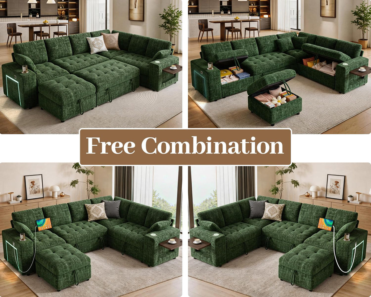 Vipbear 111" Sofa Bed, 7 Seat Modular Sectional Sleeper Sofa with Pull Out Bed, Chenille L Shaped Couch with Storage Ottoman|Cup Holders|Side Table|LED Light|USB Ports, Easy Assembly, Green