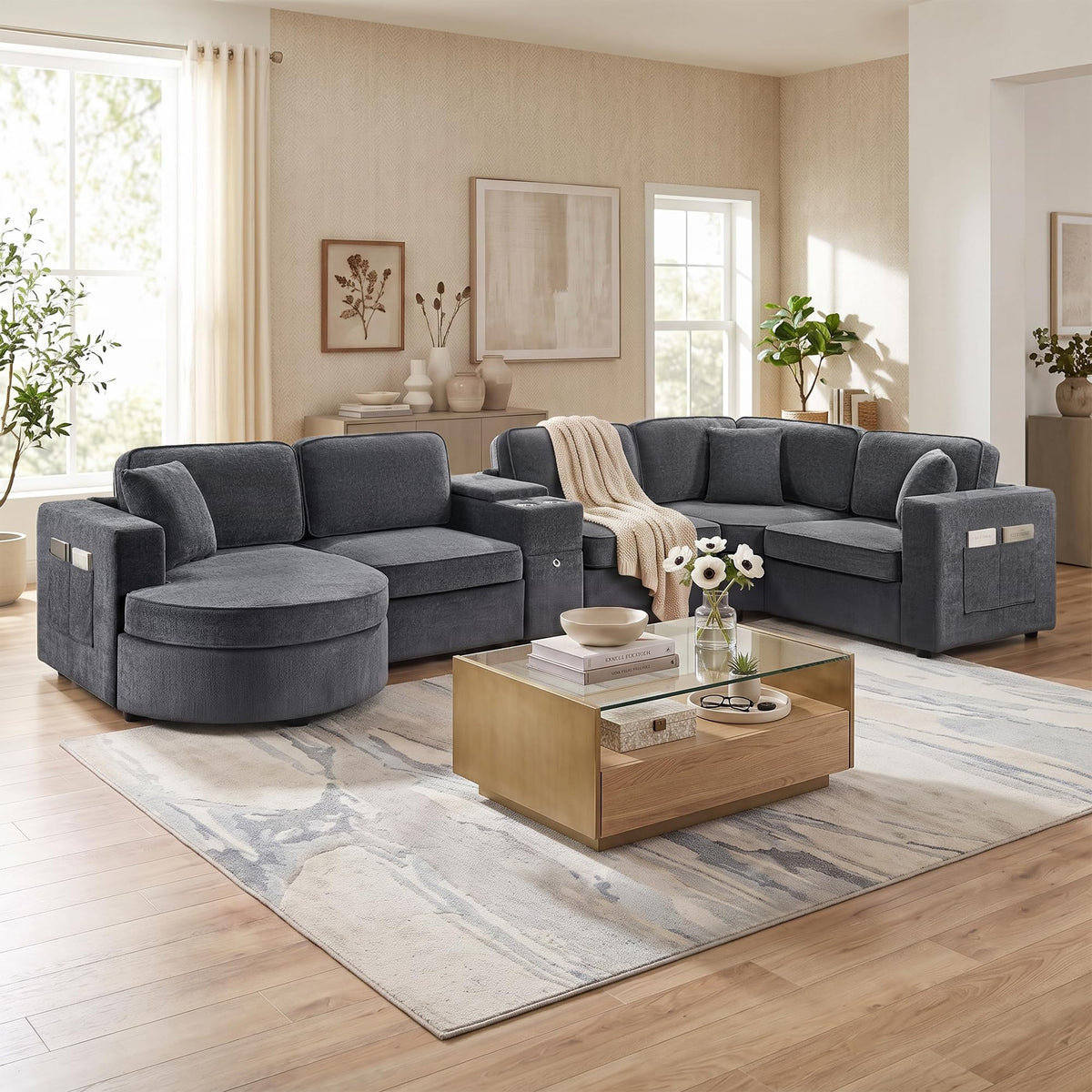 119*67" U Shaped Sectional Sofa,6 Seat Chenille Corner Couch Set with Oversized Chaise Lounge,Irregular Corner, Deep and Wide Seat Comfy Sofa with Cup Holders for Living Room,Apartment (Beige-V33)