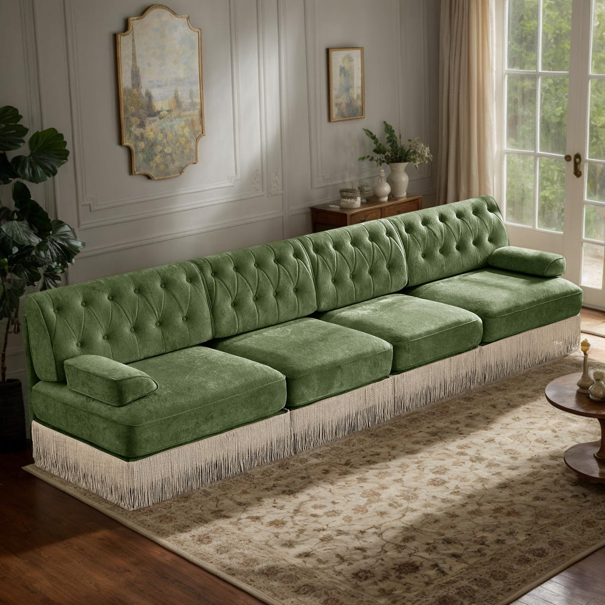 106'' Modern Chesterfield Style 3-Seater Sofa with 2 Ottoman, Upholstered Velvet Modular Sectional Sofa with Button Tufted, U Shape Deep Seat Cloud Sectional Couches for Living Room (Green)