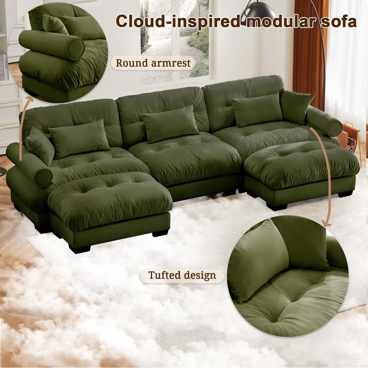 Velvet Modular Sectional Sofa,130" W Oversized U Shape Cloud Couch with 2 Ottomans,Free Combined 3 Seater Comfy Sofa with Bolster Armrest Pillows,Green for Living Room
