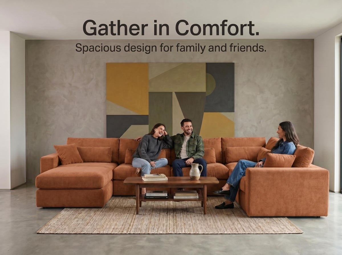 Vipbear 160" Oversized Modular Sectional Sofa, Boneless Couch for Living Room, Modern Comfy 7 Seat V Shaped Cloud Couch Sectional with Ottoman, Lumbar Pillows, 26.8" Extra Deep Seat,Terracotta Orange