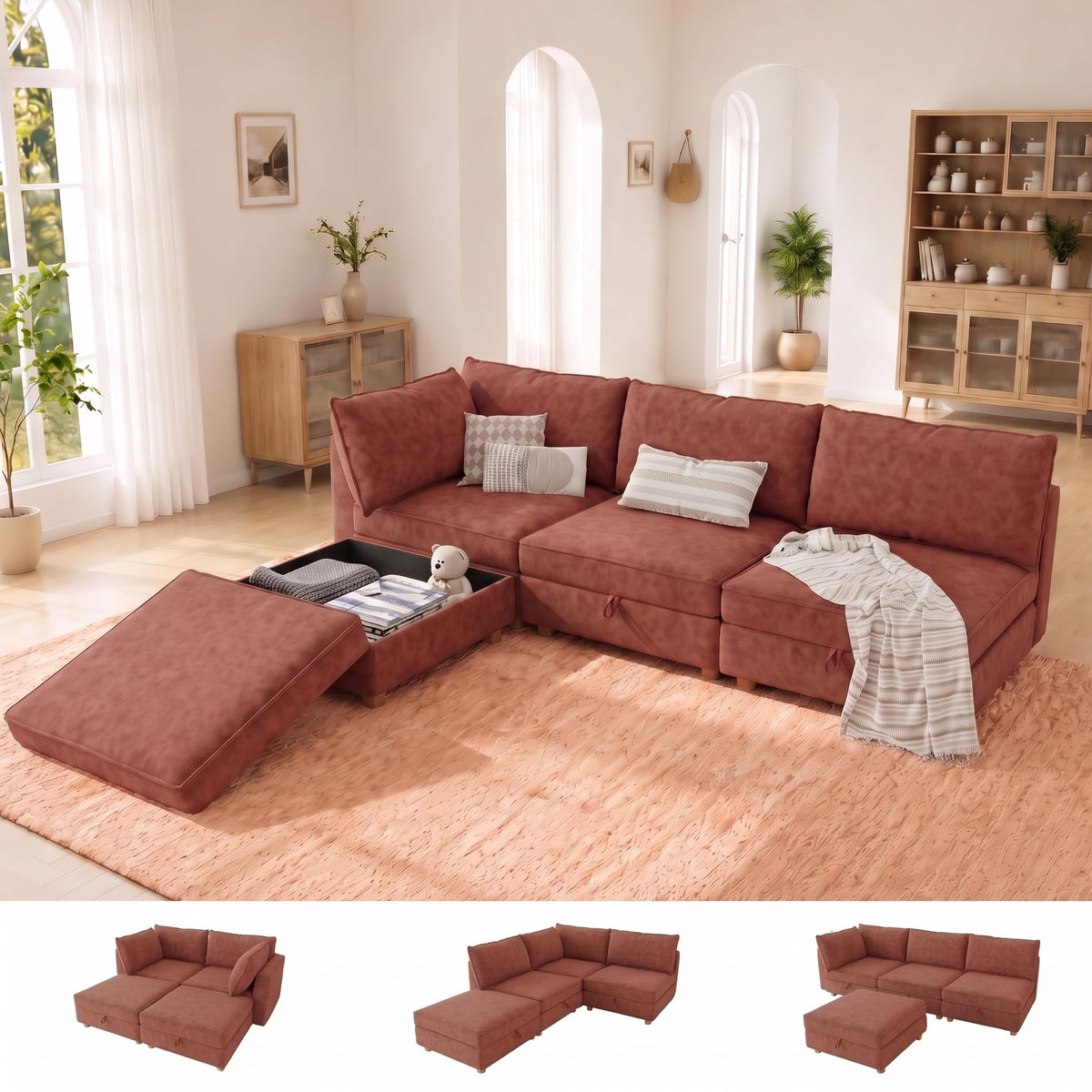 128'' Modular Sectional Sofa,8 Seat Chenille Sectional Sofa with Washable Covers,FSC Certified Modern Sectional Sofa with Storage & Ottoman,Convertible U/L Shaped Couch,Beige Couches for Living Room