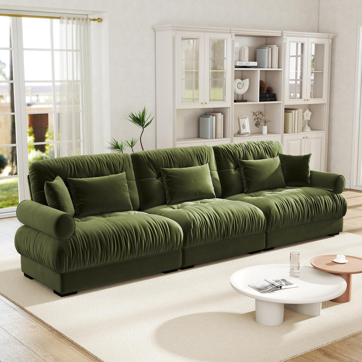 Velvet Modular Sectional Sofa,130" W Oversized U Shape Cloud Couch with 2 Ottomans,Free Combined 3 Seater Comfy Sofa with Bolster Armrest Pillows,Green for Living Room