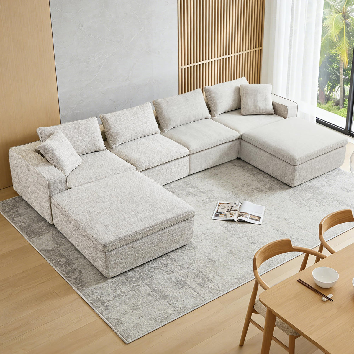 131" Cloud Modular Sofa, Oversized Sectional Couch with Washable Linen Fabric Covers, Large L-Shaped Deep Seat Sofa with Ottoman,7 Seater Down Filled Convertible Furniture for Living Room (Beige)