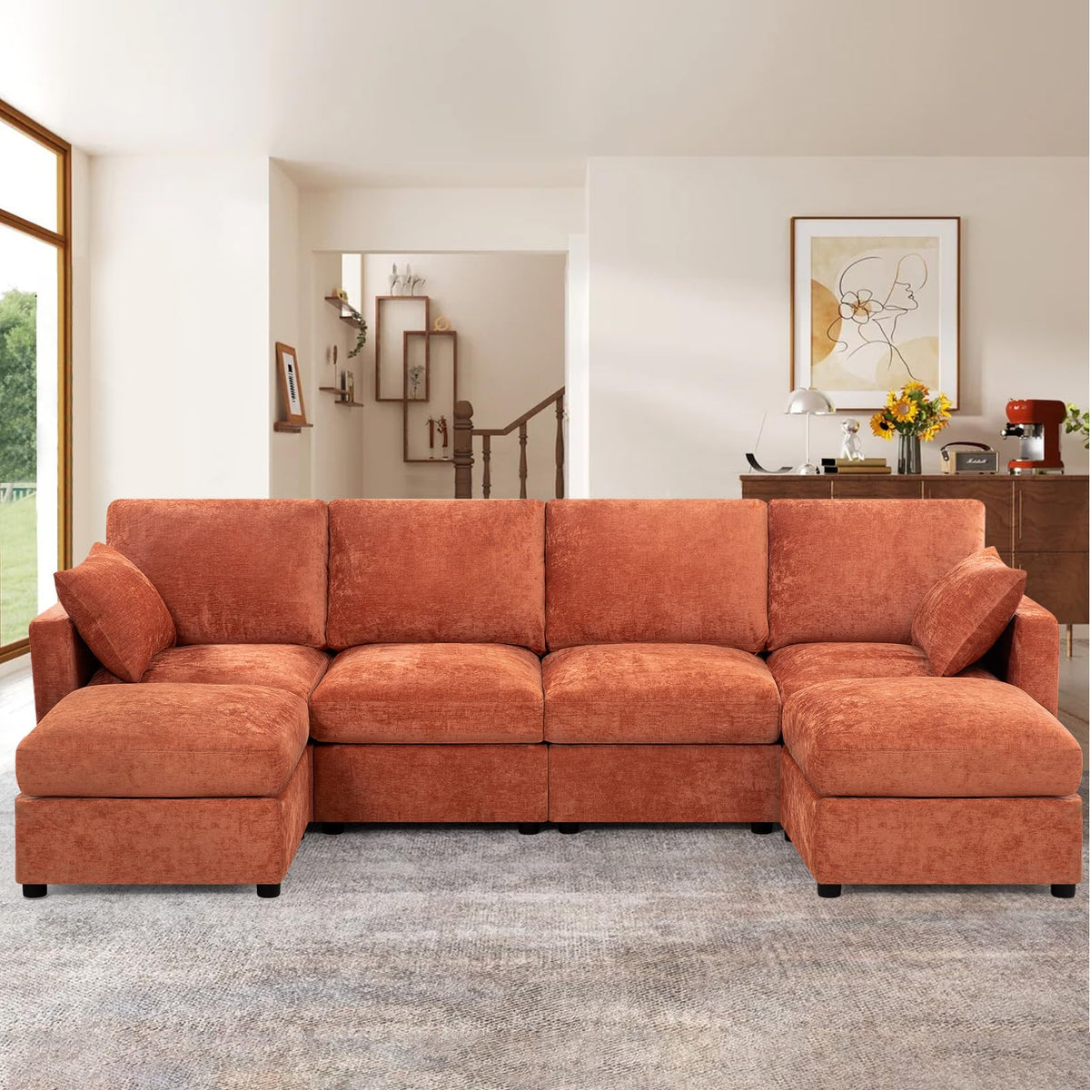 110" Chenille 4 Seats Couch with 2 Ottomans, Black