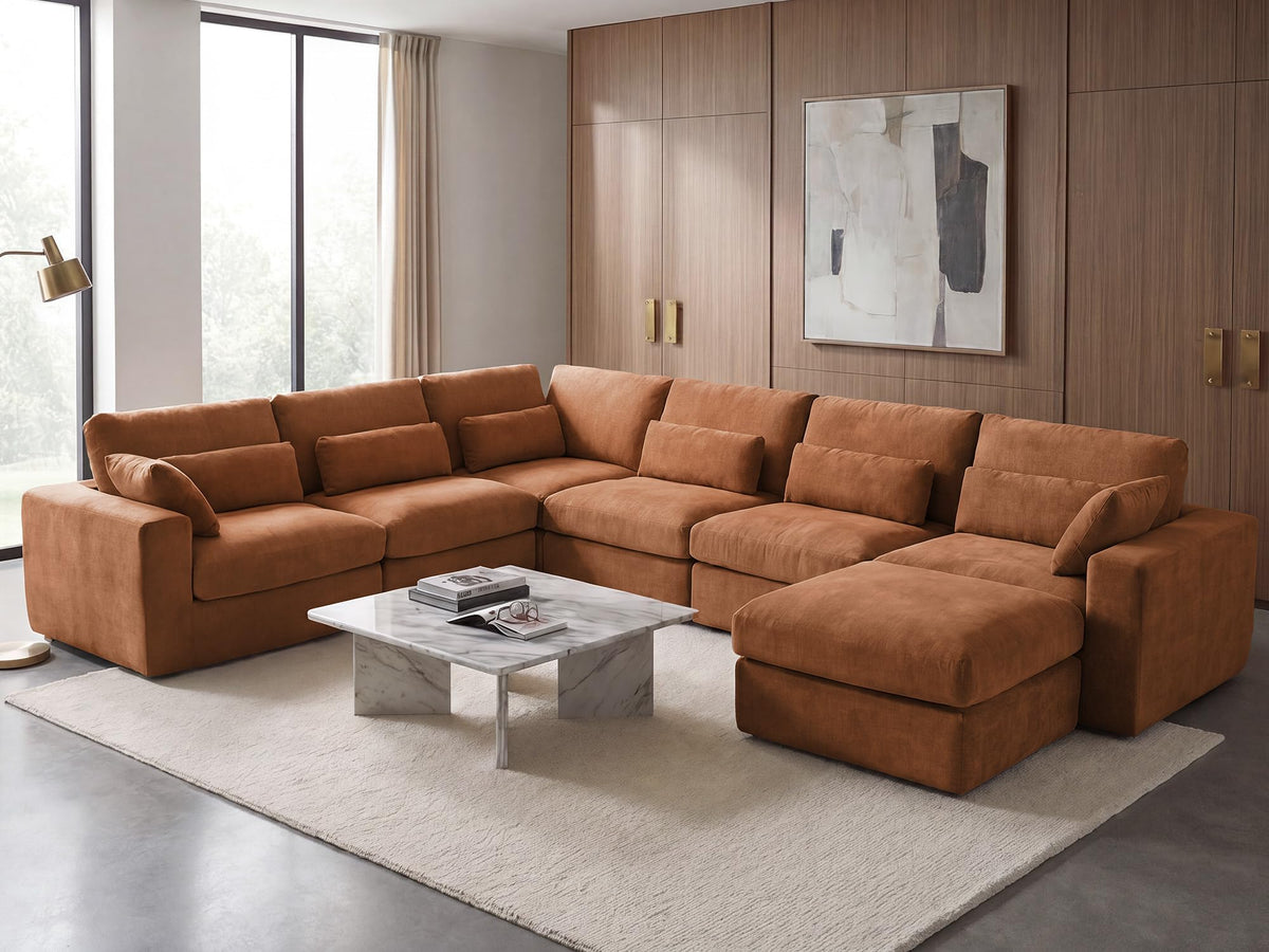 WEUP 160" Oversized Modular Sectional Sofa, Boneless Couch for Living Room, Modern Comfy U Shaped Cloud Couch Sectional with Movable Ottoman, Lumbar Pillows, 26.8" Extra Deep Seat, Terracotta Orange