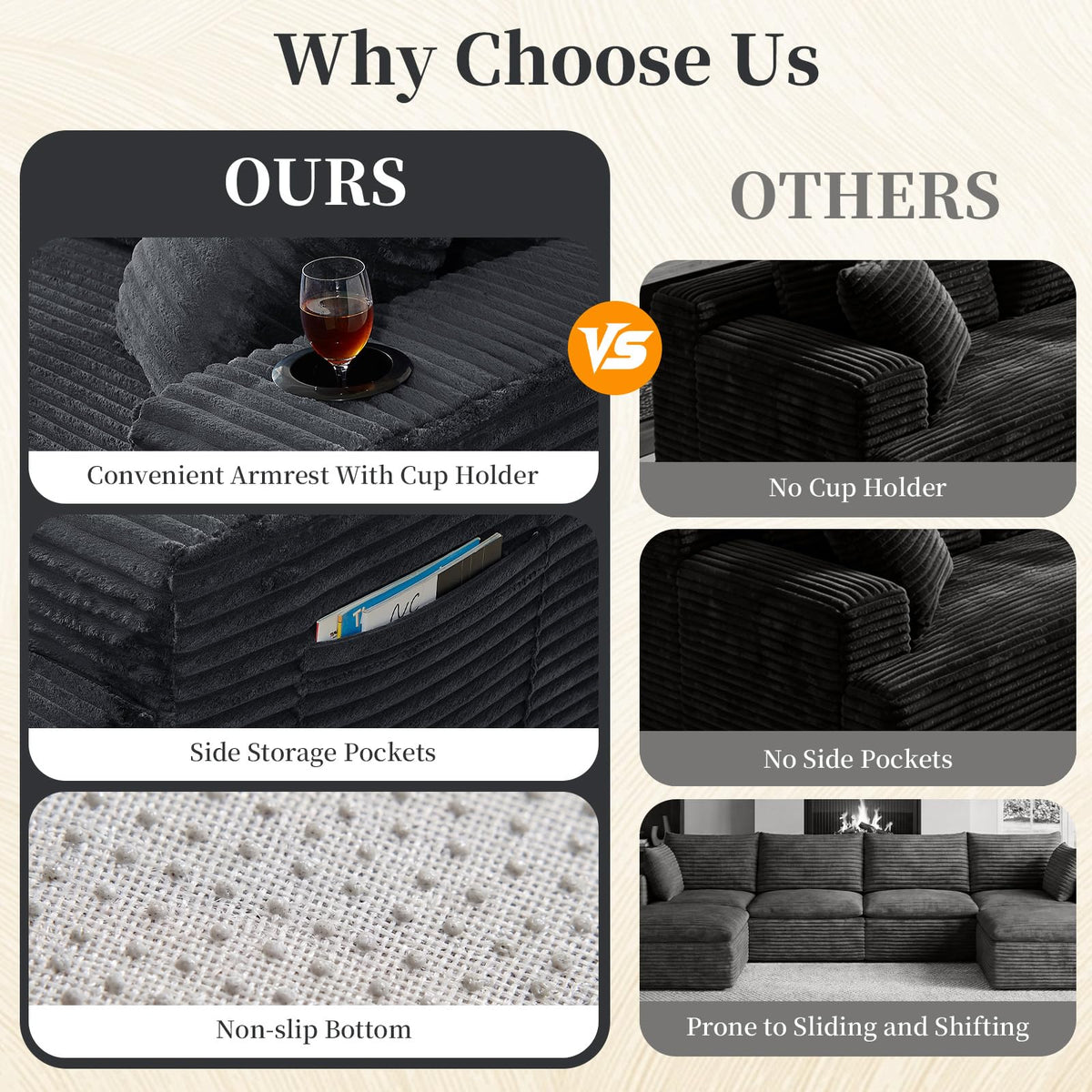 133.5" U Shaped Boneless Couch with Cupholders & Side Pockets, Grey