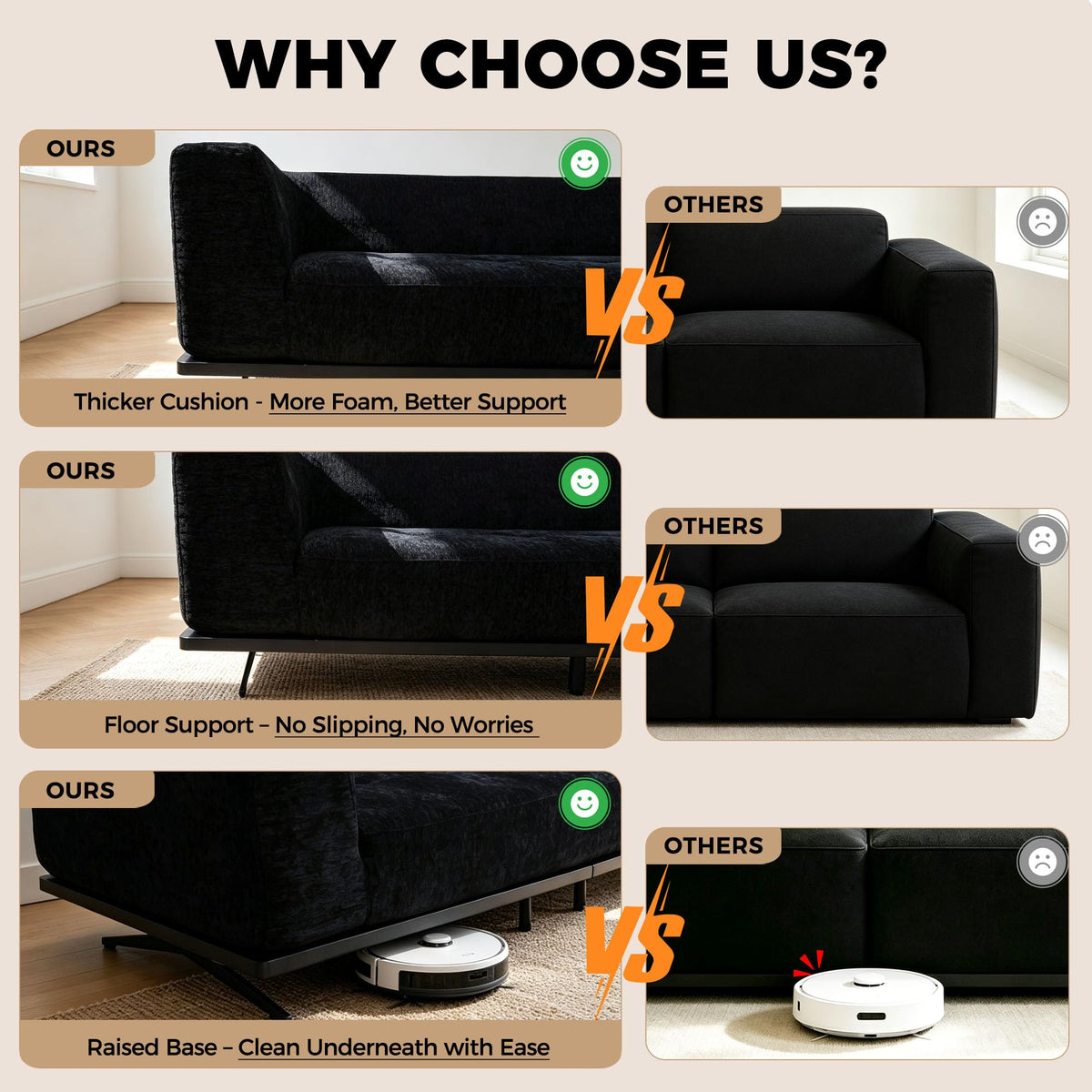 101" Boneless Couch with Raised Base, Deep Seat Cloud Sofa, Easy Clean