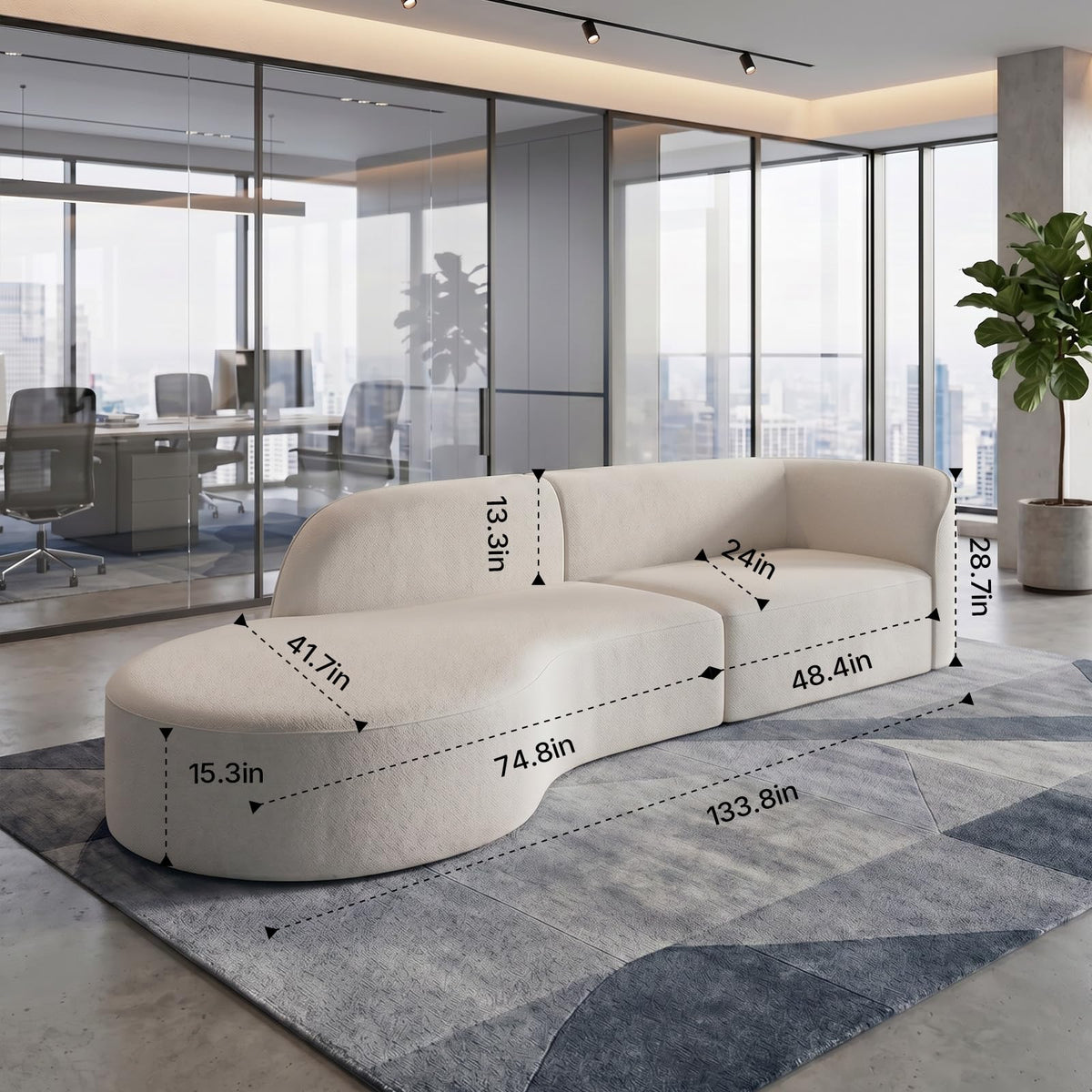 133.8" Oversized Curved Sectional Sofa, Ivory White, Left Chaise