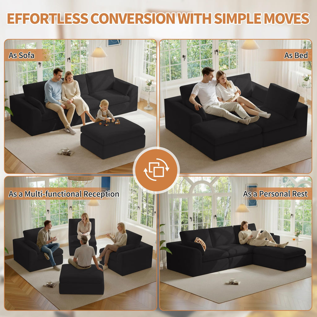 108" Cloud Couch Sectional, Ultra Soft Modular Sofa for Living Room, Comfy Deep Seat L Shaped Couch with Ottoman, No Assembly Required, Compressed Memory Foam Cloud-Like Sofa, Black