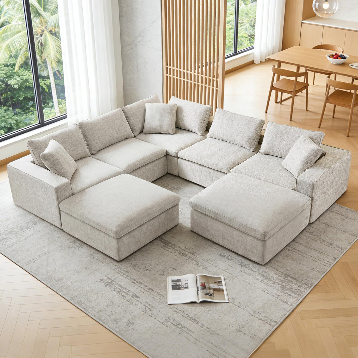 131" Cloud Modular Sofa, Oversized Sectional Couch with Washable Linen Fabric Covers, Large L-Shaped Deep Seat Sofa with Ottoman,7 Seater Down Filled Convertible Furniture for Living Room (Beige)