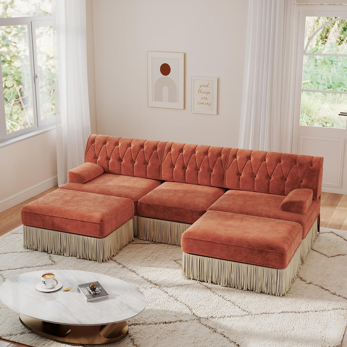 Unique Chesterfield Style Modular Sectional Sofa, 135.6” L-shaped Boneless Sofa with Velvet Fabric, Floor-grazing Tassel Fringe Skirt and Button Tufted Design for Living Room, Easy to Assemble, Beige