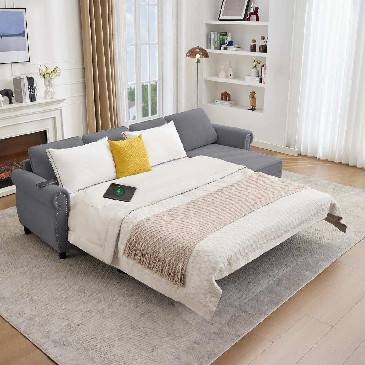 106.5" Pull Out Sofa Bed,L Shaped Modular 4 Seater Couch,2-in-1 Sleeper Sofa,Wireless Charging, USB Charging Ports,Memory Foam Mattress,Storage Space
