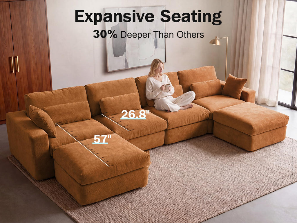 WEUP 160" Oversized Modular Sectional Sofa, Boneless Couch for Living Room, Modern Comfy U Shaped Cloud Couch Sectional with Movable Ottoman, Lumbar Pillows, 26.8" Extra Deep Seat, Terracotta Orange