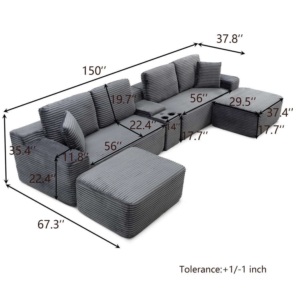 125" U Shaped Sectional Couch,Boneless Cloud Couch Featuring USB Ports,Cup Holders & Storage.Made of Corduroy Fabric and Features Two Movable Sofa Modules for Flexible Living Room Layouts. (Gray)