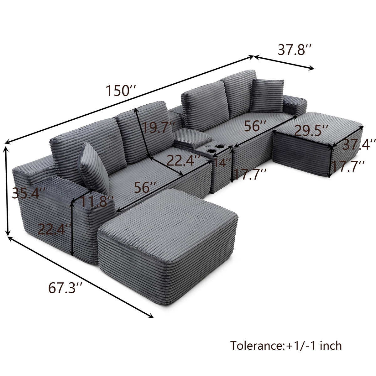 125" U Shaped Sectional Couch,Boneless Cloud Couch Featuring USB Ports,Cup Holders & Storage.Made of Corduroy Fabric and Features Two Movable Sofa Modules for Flexible Living Room Layouts. (Gray)
