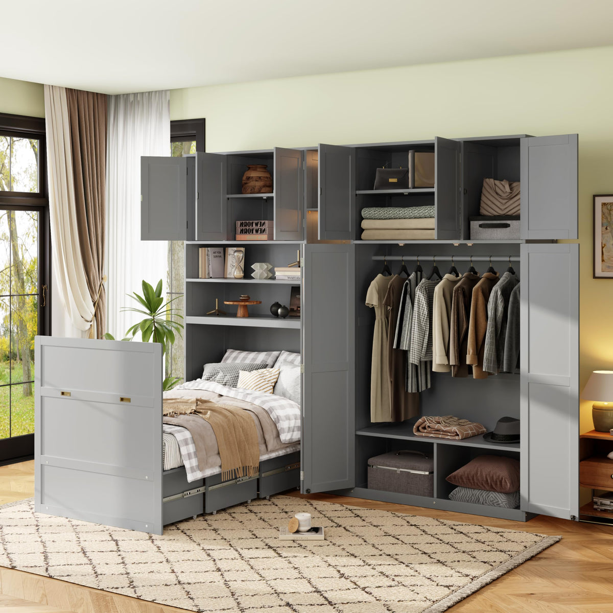 Wood Murphy Bed with Sofa, 4 Storage Shelves and USB Charging Station