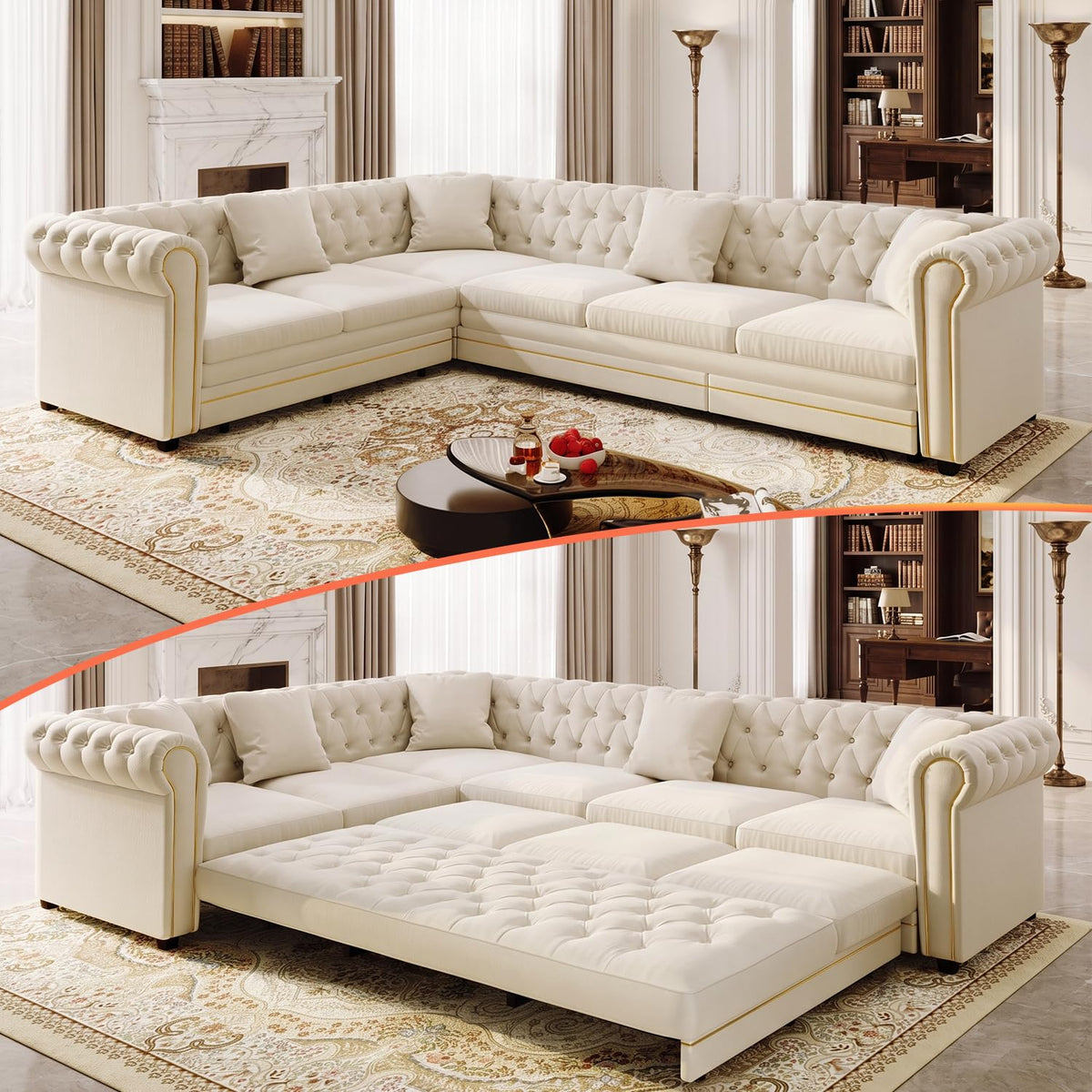 115.3" L-shaped Couch with Pull Out Sofa Bed, Velvet Couch Gold Trim, Beige