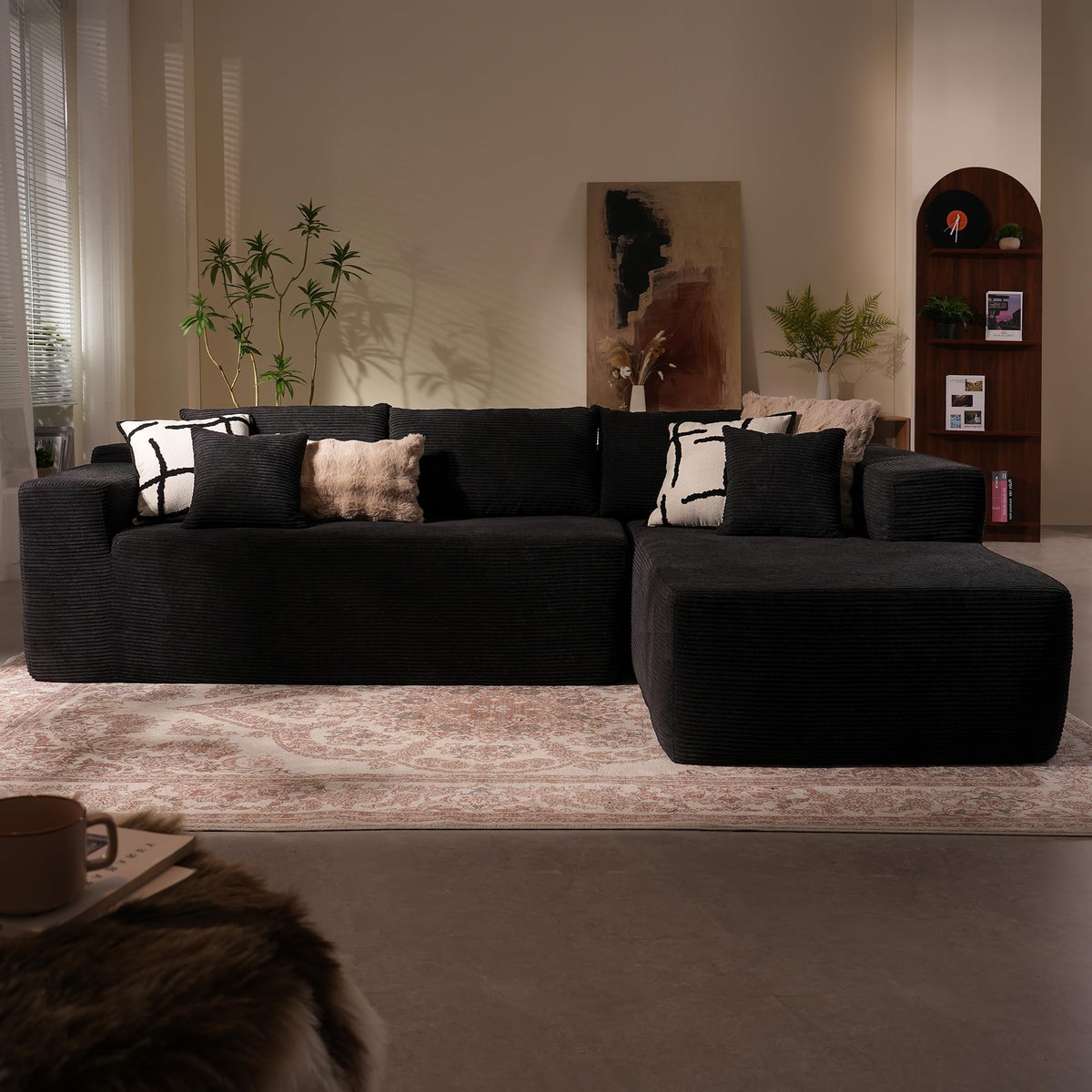 106" Modular Cloud Sectional Sofa Couch - L Shaped Lounge Couches for Living Room with Chaise,Mdoren Minimalist Sleeper Sofa,Deep Seat,No Assembly Required (Black,Plush Fur, Left Facing Chaise)