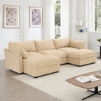 U Shaped 3 Seater deep seat Sofa with footstools Including 2 movablefootstoolsshapedarmrests,andwraparoundback and arm Cushions,with a Pull Out Storage Drawer Under Each seat Chenille Wheat