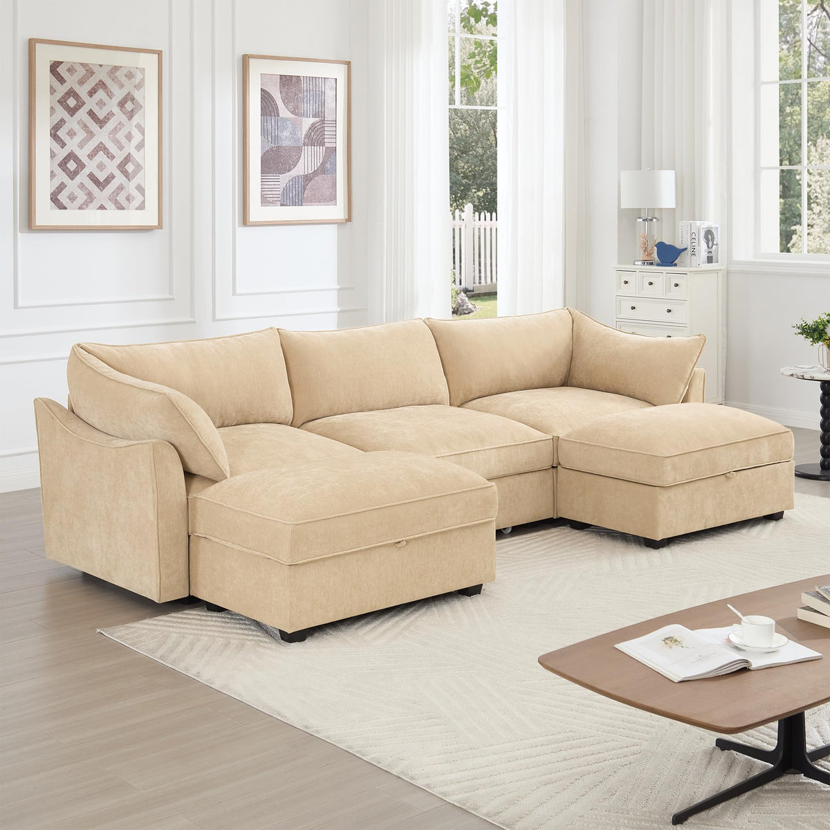 U Shaped 3 Seater deep seat Sofa with footstools Including 2 movablefootstoolsshapedarmrests,andwraparoundback and arm Cushions,with a Pull Out Storage Drawer Under Each seat Chenille Wheat