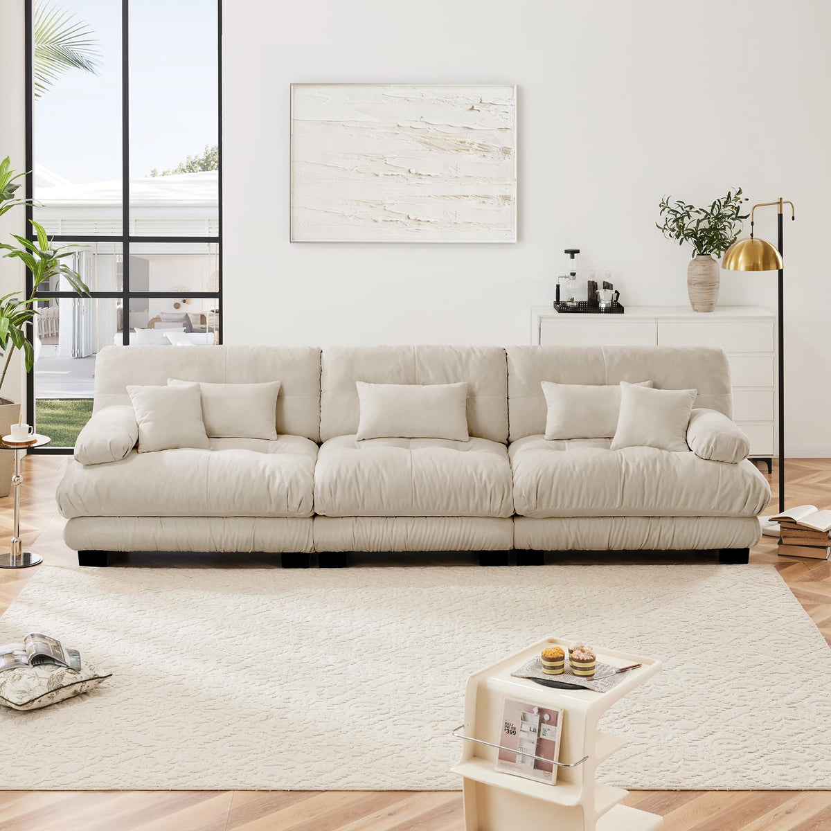130" Modular Sectional Sofa,Velvet Upholstered Couches for Living Room,3 Seater Green Sofa Couch with Movable Ottoman,Big Comfy Loveseat Sofa with Deep Seats for Living Room,Apartment,Bedroom