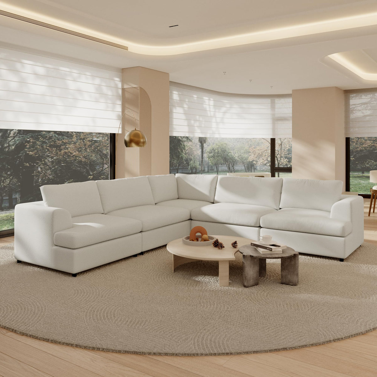 118" V Shape Sectional Sofa Couch, Modern Modular Boucle Cloud Couch with Flexible Layout, Oversized Comfy Upholstered Modular 5-Seats Sectional Couch, White