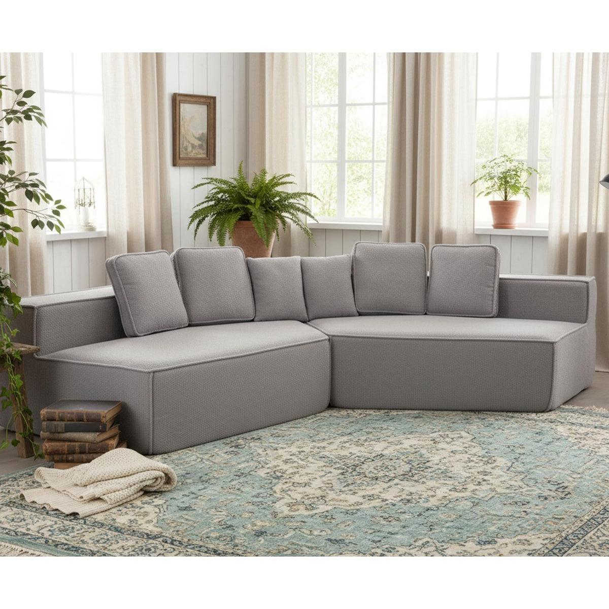 132" Oversized Fabric Modular Sectional Sofa, Full Foam Cushion with Ultra Soft Feel with six Cushions, High Density Support, Cozy Couch for Family 33017 2 Grey AS656